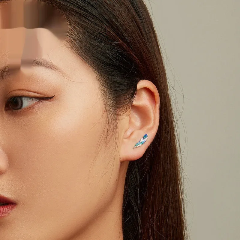 Pair of bright blue gradient feather wing stud earrings white gold plated over 925 silver