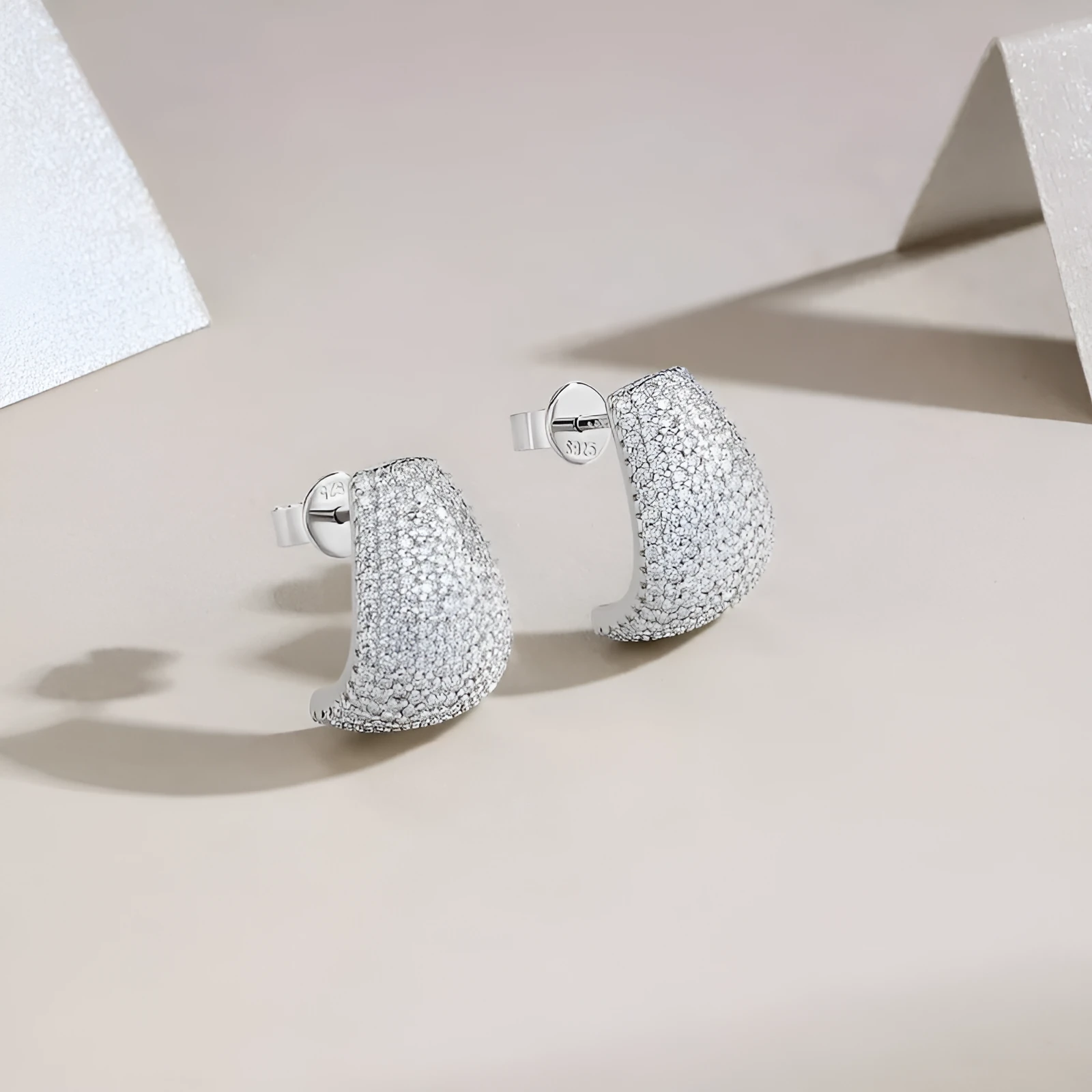 Geometric S925 sterling silver ear studs with moissanite stones in gift box