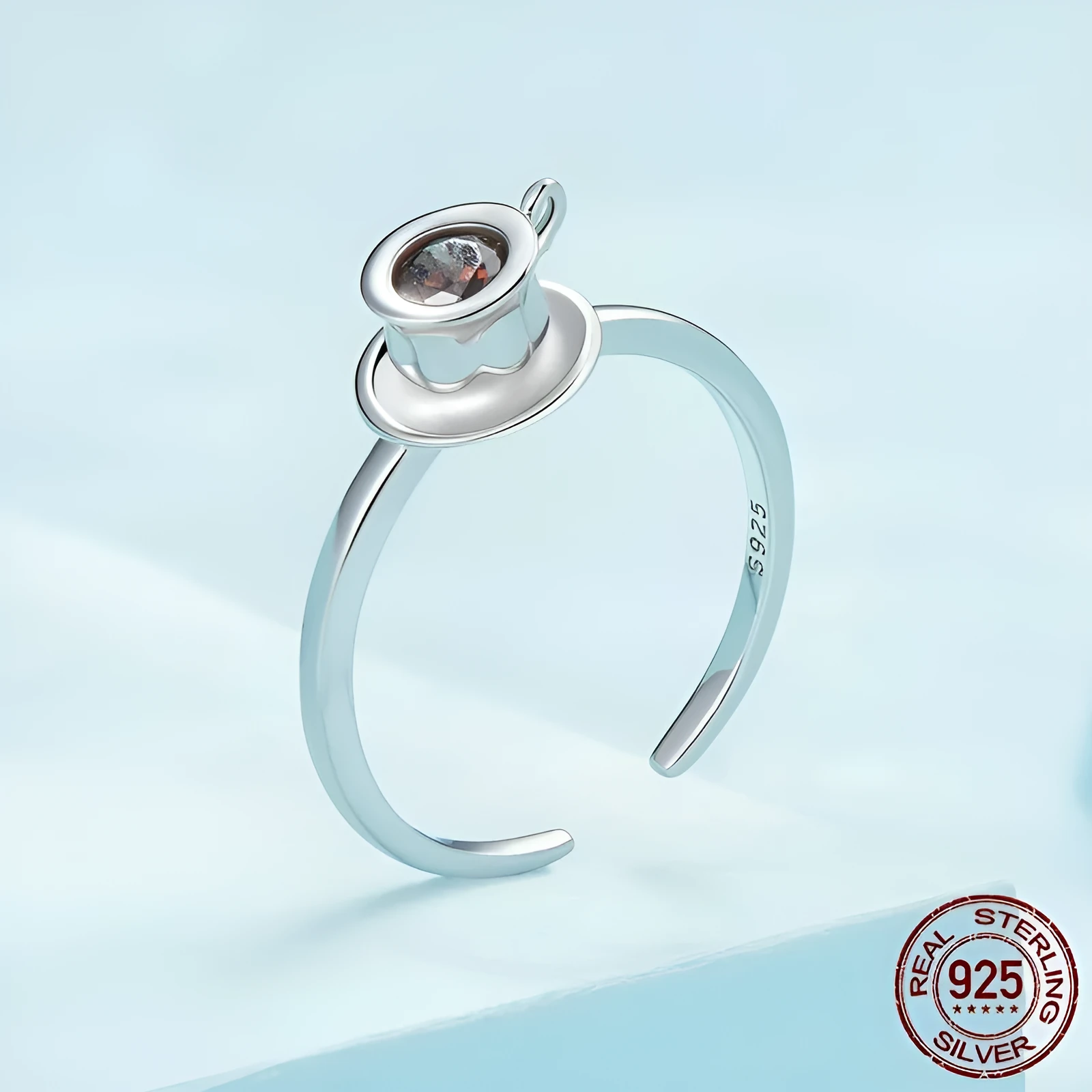 S925 sterling silver coffee cup open ring with adjustable opening on white background