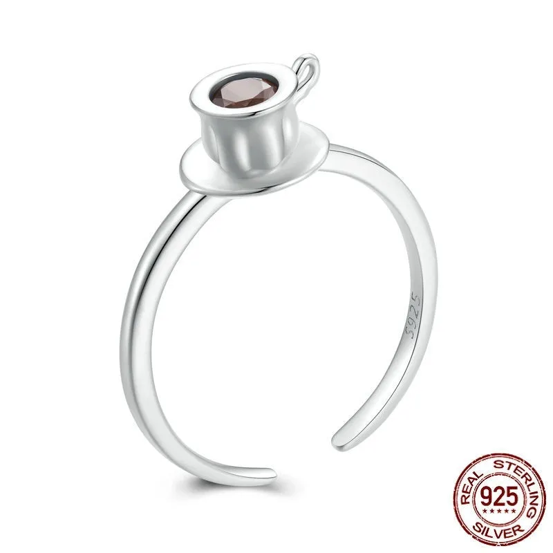 S925 sterling silver coffee cup open ring with adjustable opening on white background