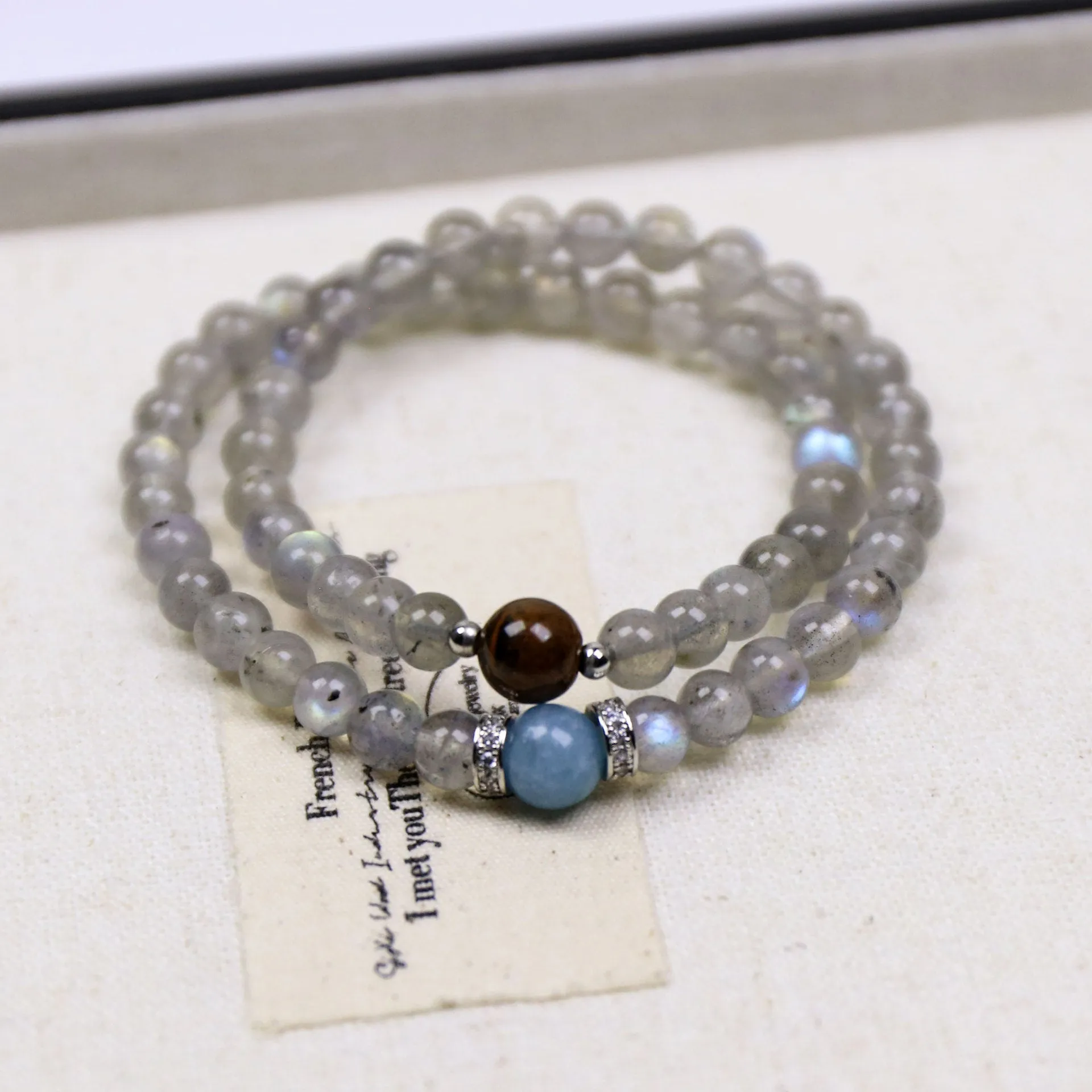 Double-layer women's bracelet with moonstone tigereye aquamarine beads and gray moonlight alloy frame