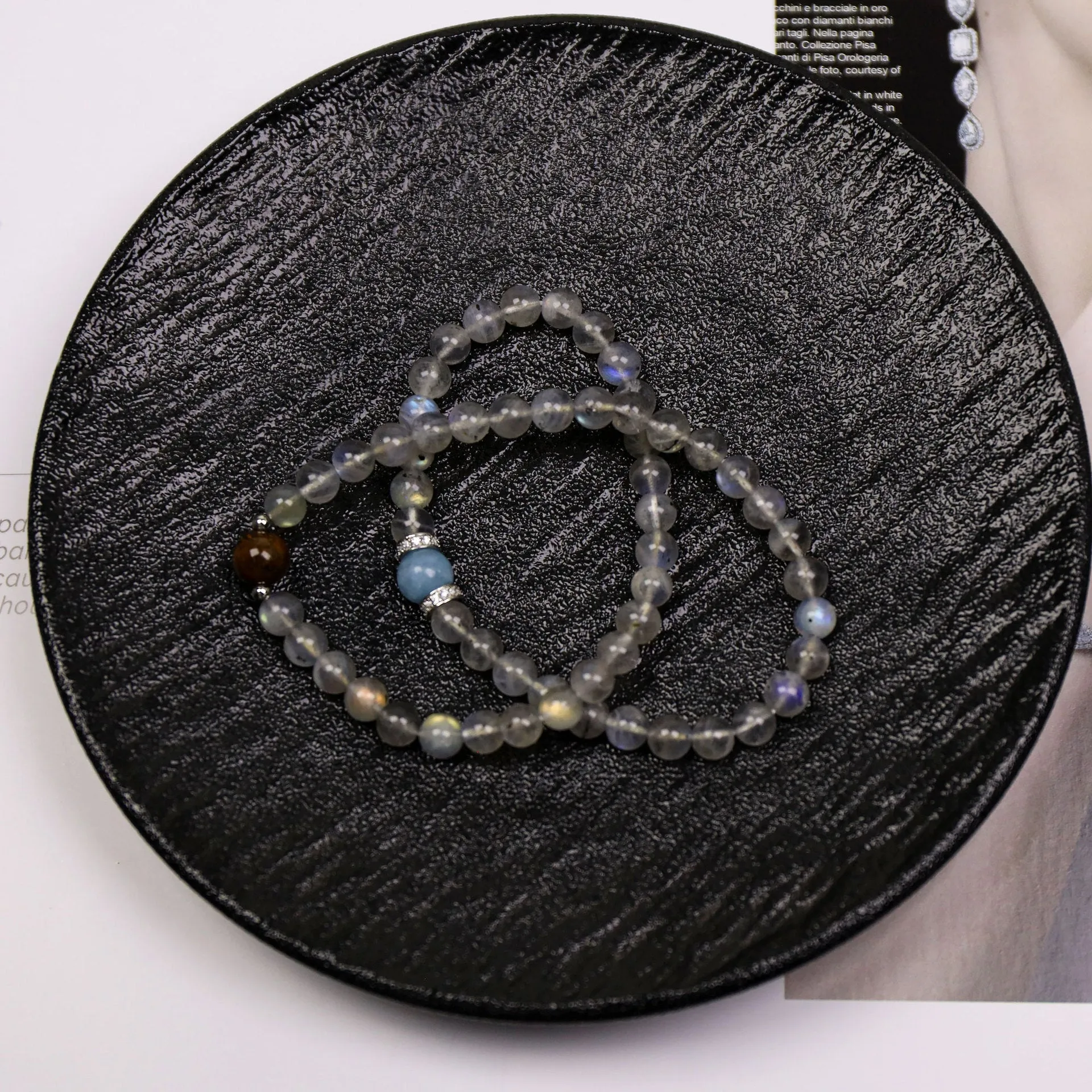 Double-layer women's bracelet with moonstone tigereye aquamarine beads and gray moonlight alloy frame