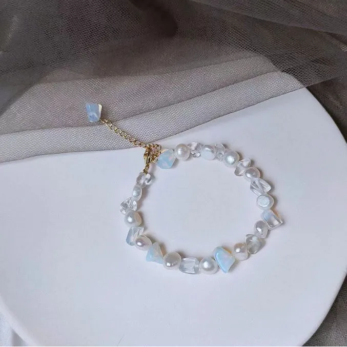 Double-layer women's bracelet with moonstone tigereye aquamarine beads and gray moonlight alloy frame