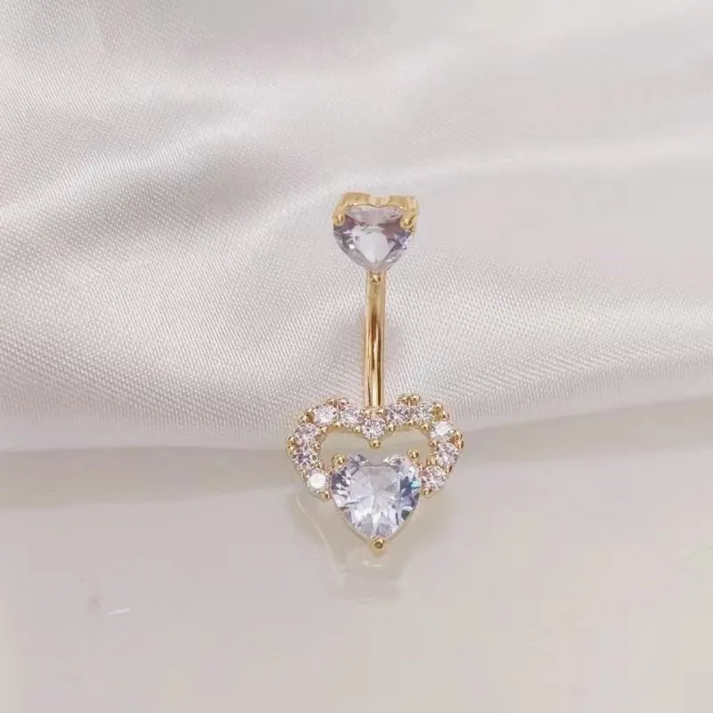 Copper navel stud with heart-shaped zirconium charm in white gold powder finish for women
