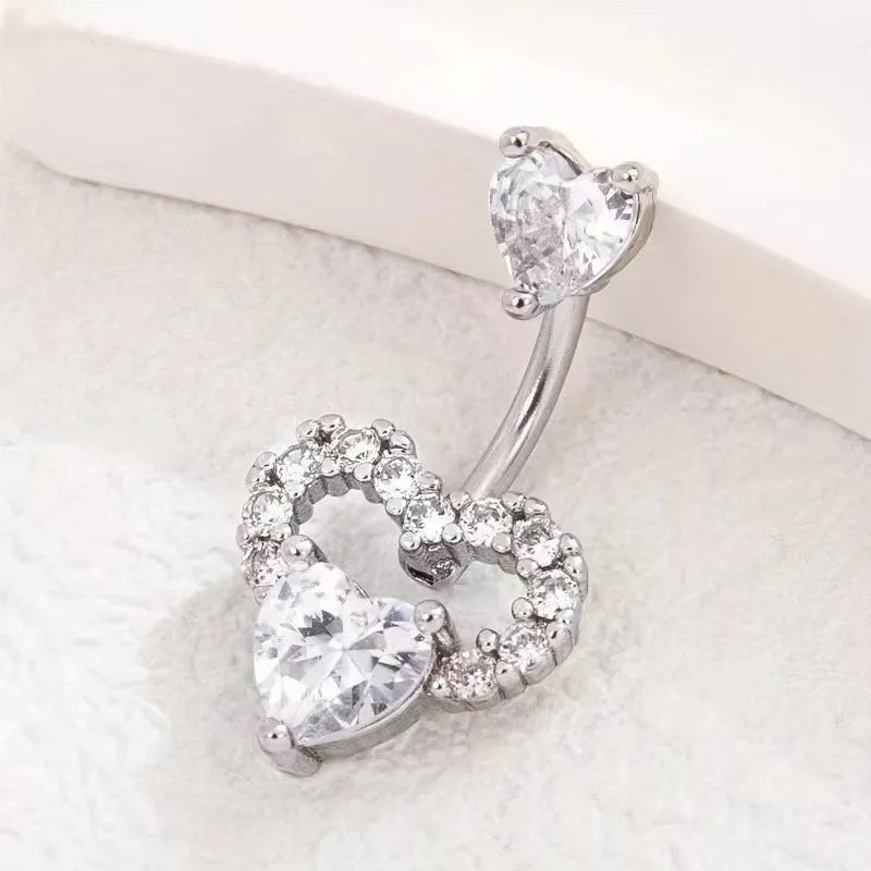 Copper navel stud with heart-shaped zirconium charm in white gold powder finish for women