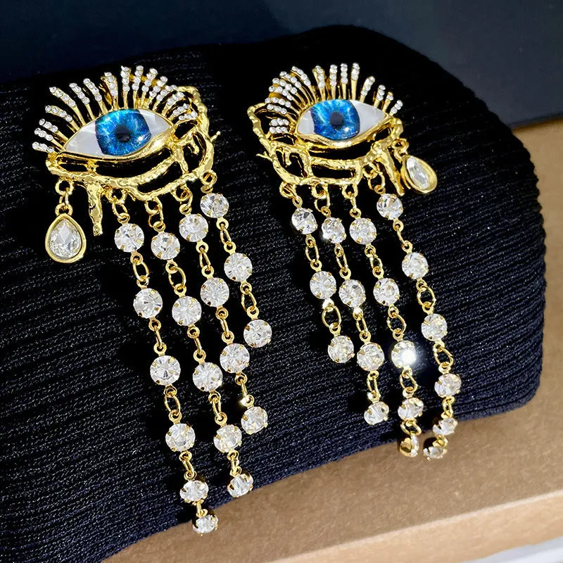 Gold plated artificial crystal zircon long tassel earrings with vintage eye design and Sterling Silver needle