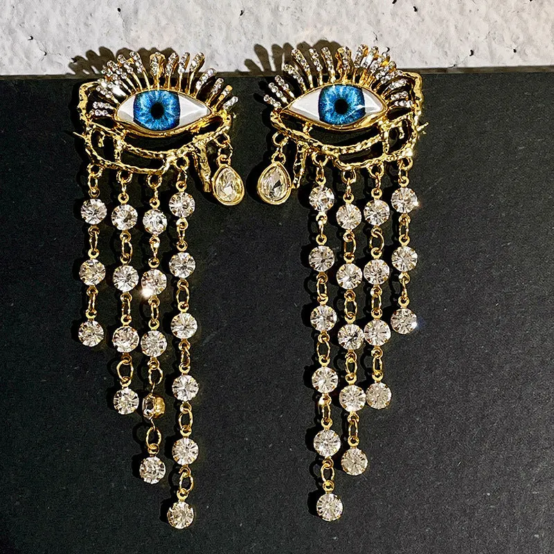 Gold plated artificial crystal zircon long tassel earrings with vintage eye design and Sterling Silver needle