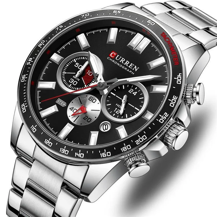 Men's blue alloy quartz watch with steel belt, mineral glass face, and calendar display