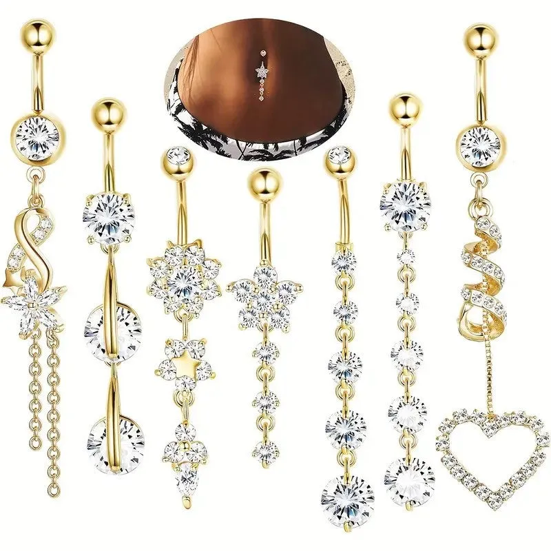 Geometric tassel pendant navel buckle in stainless steel, showing gold and silver colour options for women's belly button piercing ornament