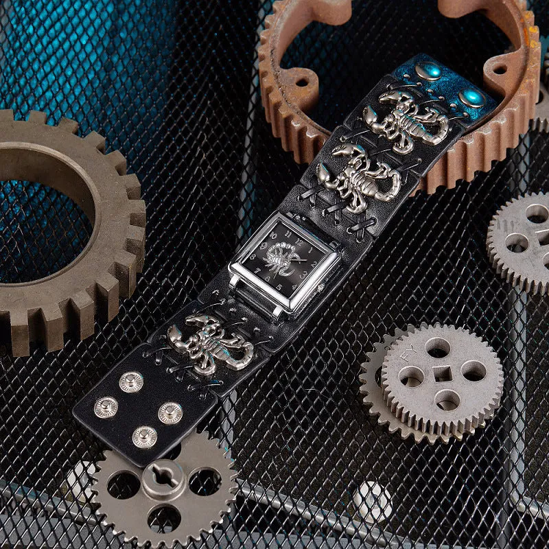 Black punk watch with scorpion design on dial, PVC case, quartz movement