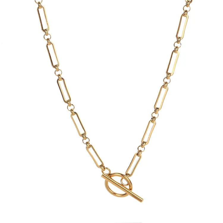 Stainless steel Chopin chain necklace and bracelet set in gold finish on white background