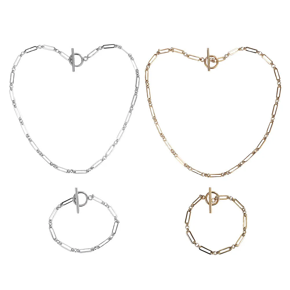 Stainless steel Chopin chain necklace and bracelet set in gold finish on white background