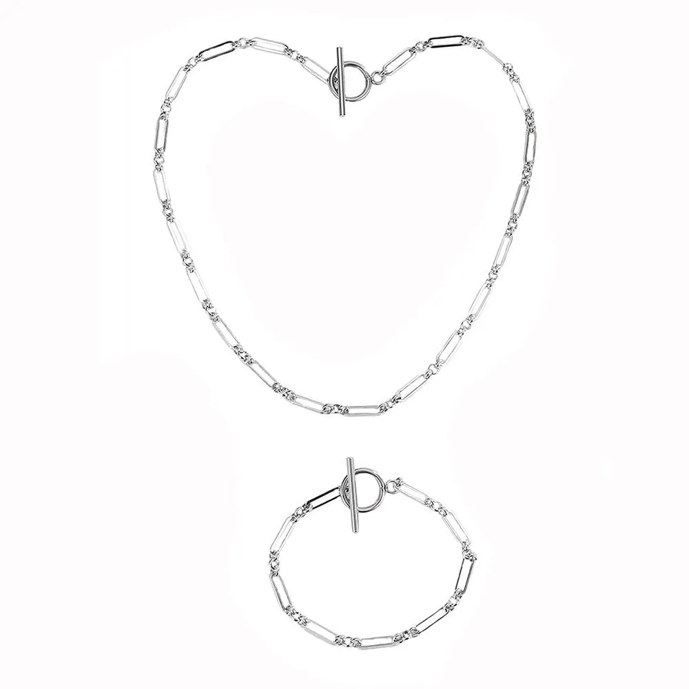 Stainless steel Chopin chain necklace and bracelet set in gold finish on white background