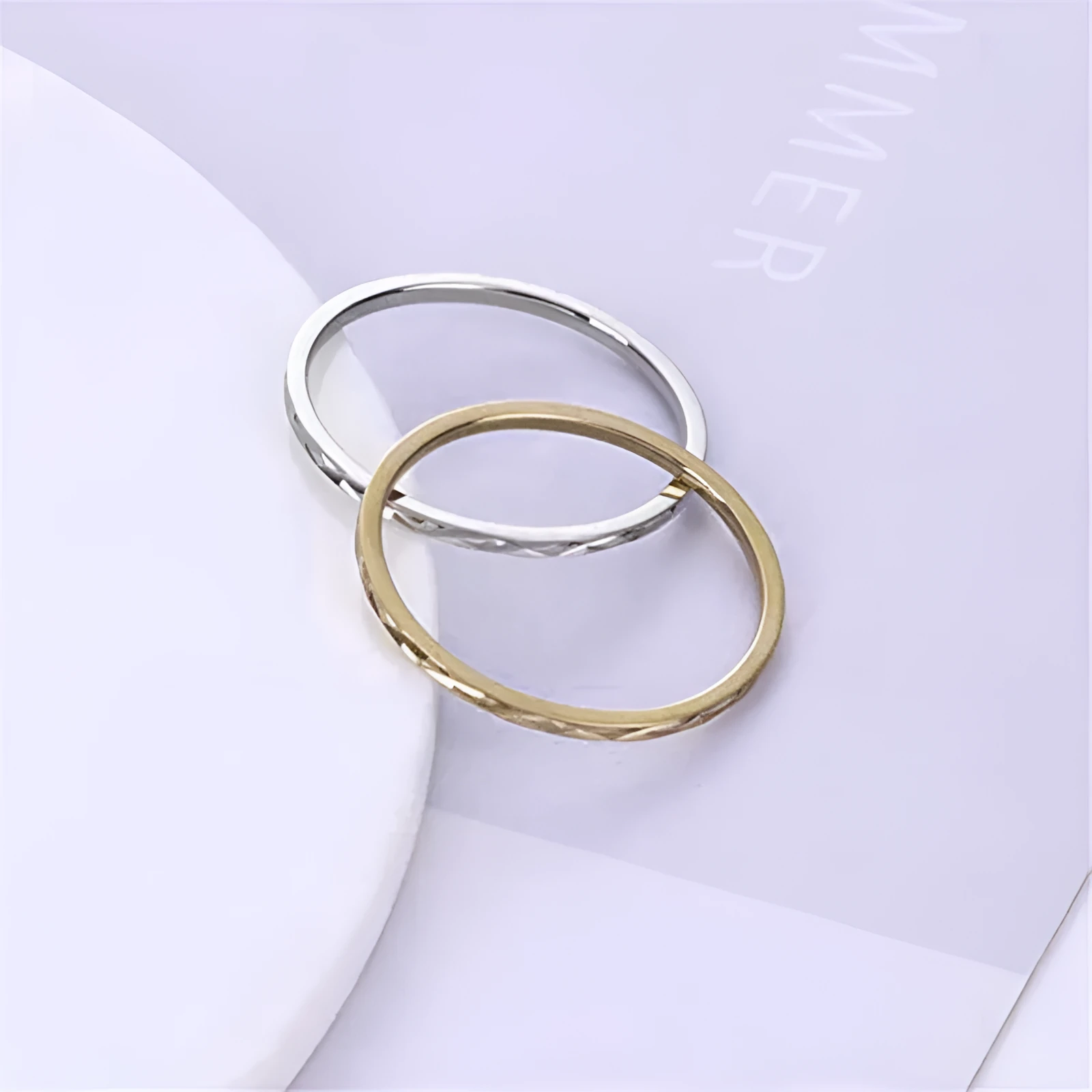 Korean style titanium steel simple couple ring with diamond plaid geometric design in silver finish