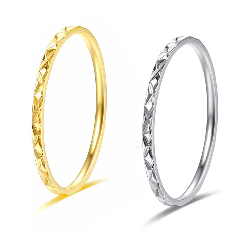 Korean style titanium steel simple couple ring with diamond plaid geometric design in silver finish