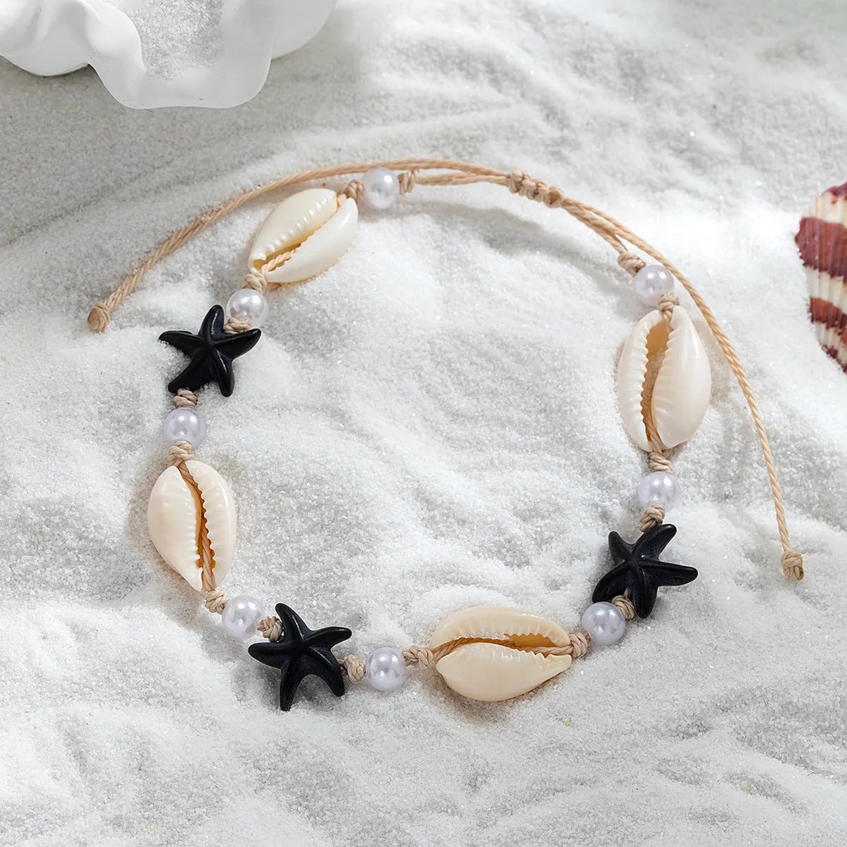 Women's adjustable waterproof wax anklet with starfish shell charm and pearl beads in white