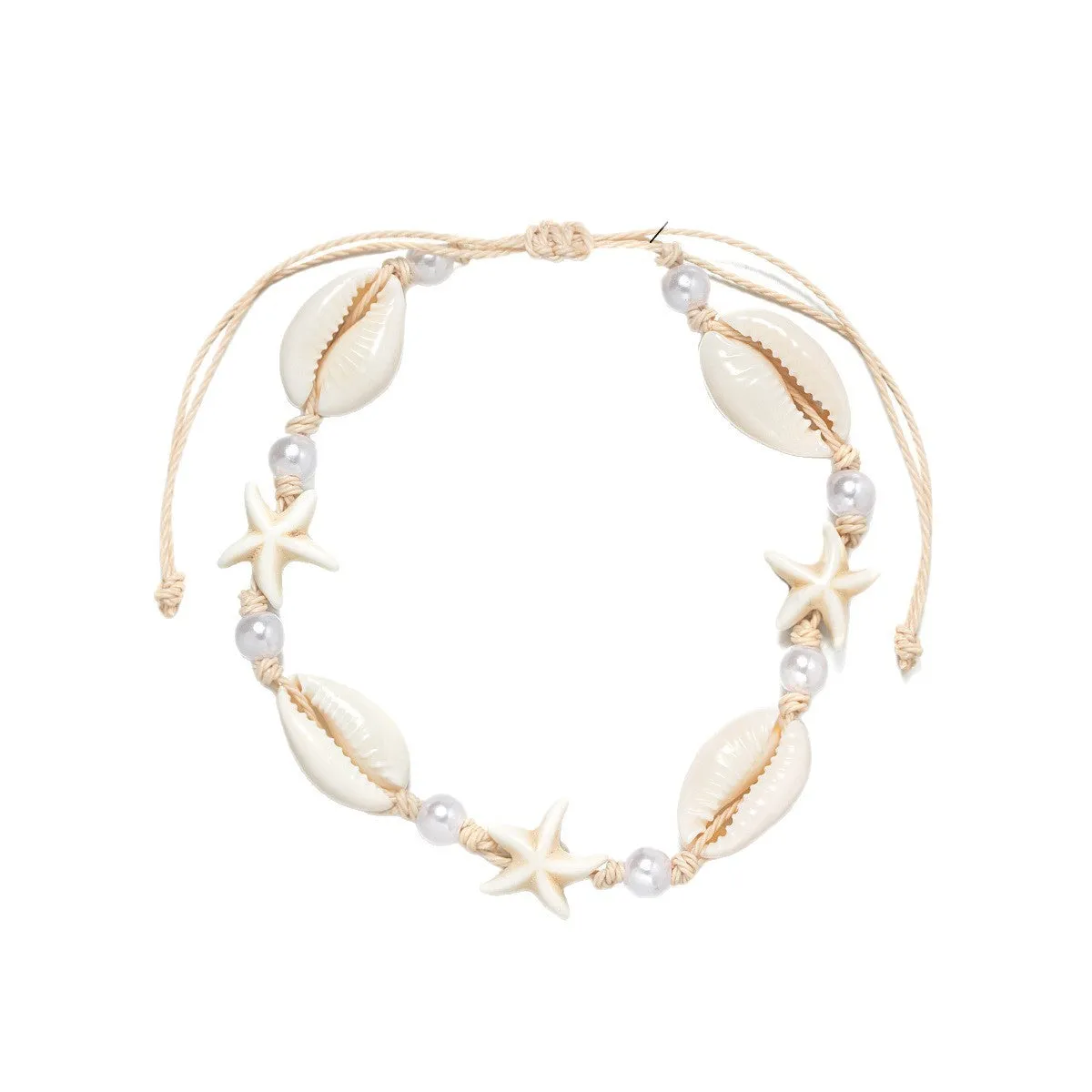 Women's adjustable waterproof wax anklet with starfish shell charm and pearl beads in white