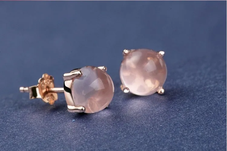 Korean style synthetic ross quartz stud earrings for women with rose gold plating and drop-shaped crystal inlay