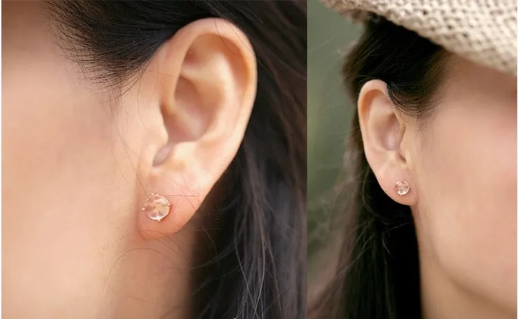 Korean style synthetic ross quartz stud earrings for women with rose gold plating and drop-shaped crystal inlay