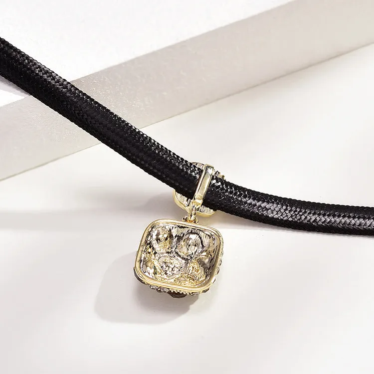 Alloy black square short necklace with rhimestone accents on a model, Gray Diamond Square style, adjustable 21-50cm