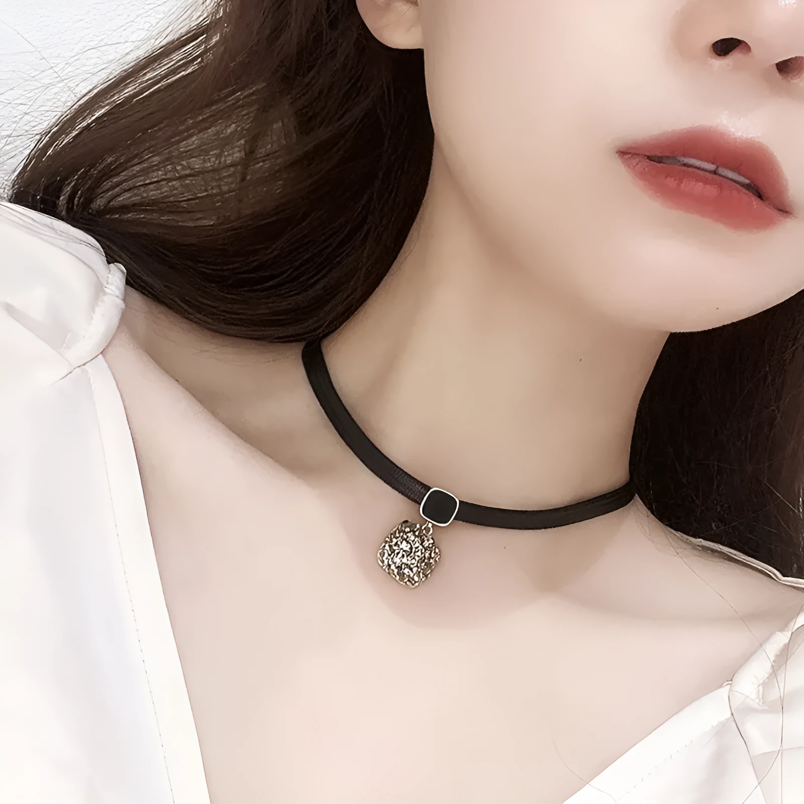 Alloy black square short necklace with rhimestone accents on a model, Gray Diamond Square style, adjustable 21-50cm