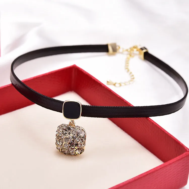 Alloy black square short necklace with rhimestone accents on a model, Gray Diamond Square style, adjustable 21-50cm