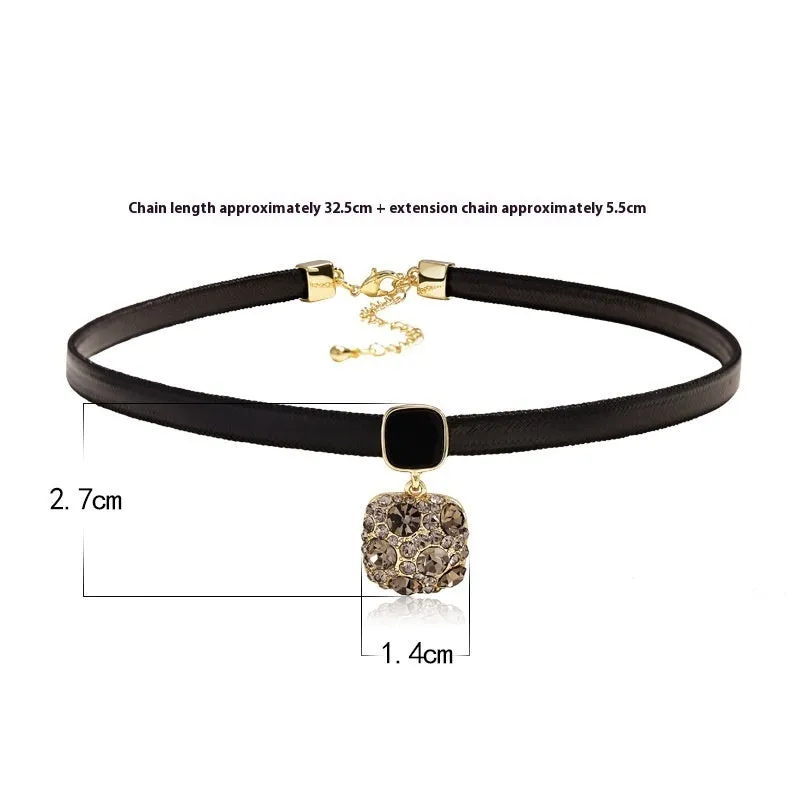 Alloy black square short necklace with rhimestone accents on a model, Gray Diamond Square style, adjustable 21-50cm