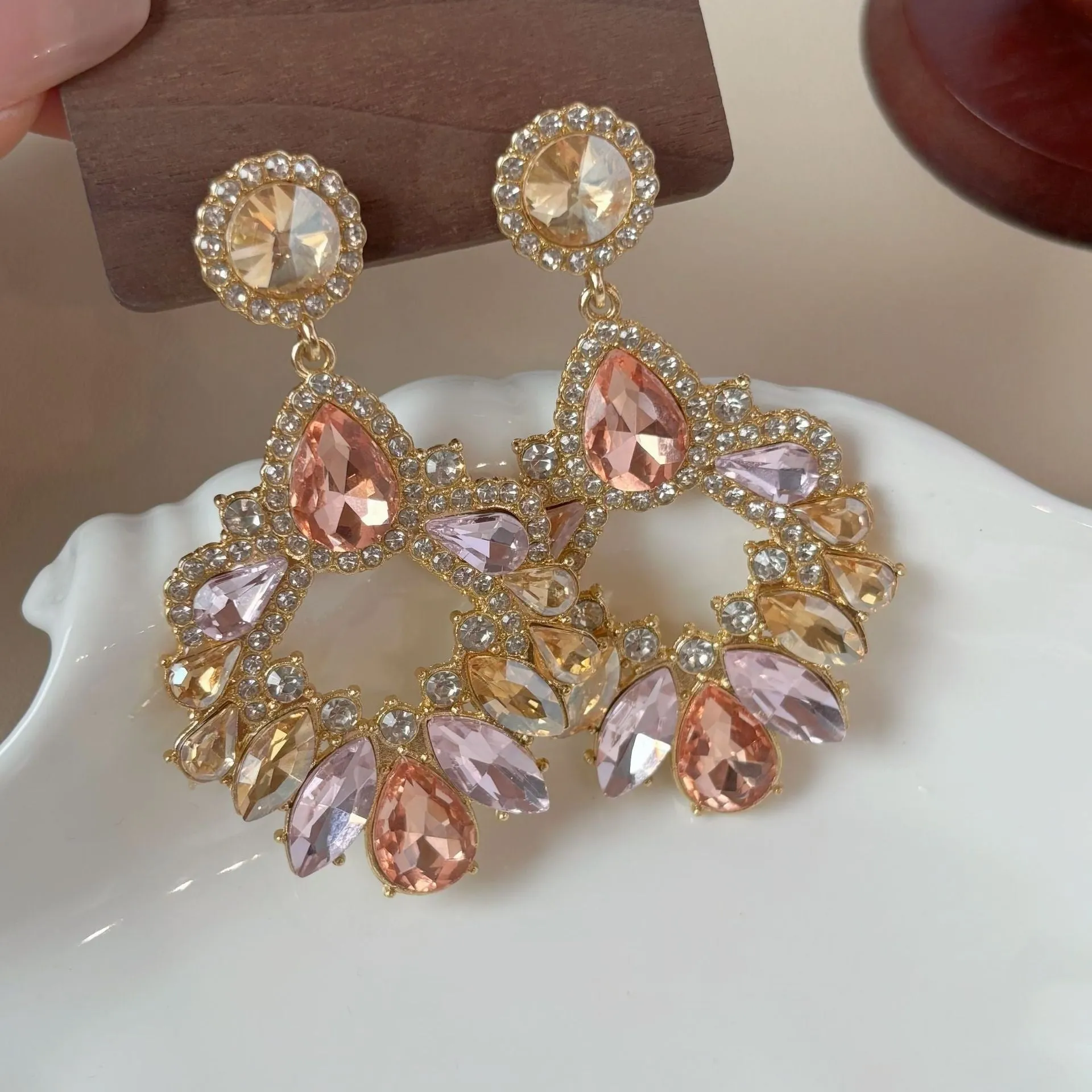 Geometric rhinestone earrings for women retro style dot mixed material alloy earrings
