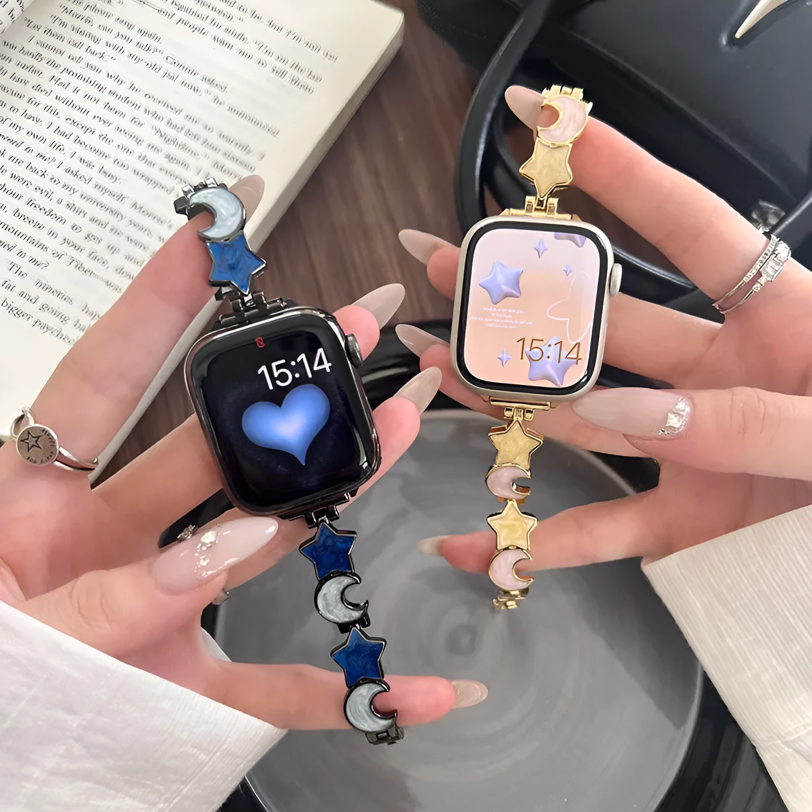 Metal chain strap for Apple iWatch Xingyue style snap button closure blue silver colours
