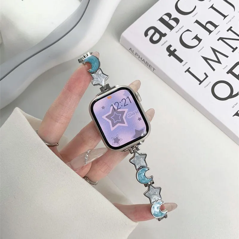 Metal chain strap for Apple iWatch Xingyue style snap button closure blue silver colours