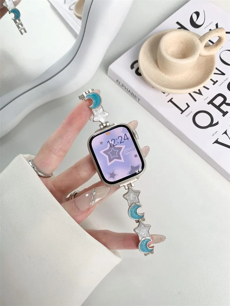 Metal chain strap for Apple iWatch Xingyue style snap button closure blue silver colours