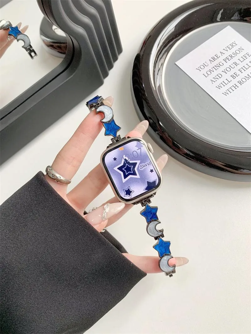 Metal chain strap for Apple iWatch Xingyue style snap button closure blue silver colours