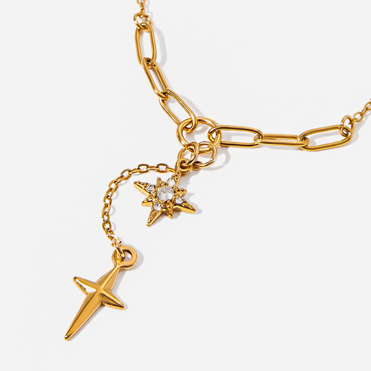 18K gold stainless steel necklace with white diamond eight-pointed star centre, regular chain, JDN0305056 colour