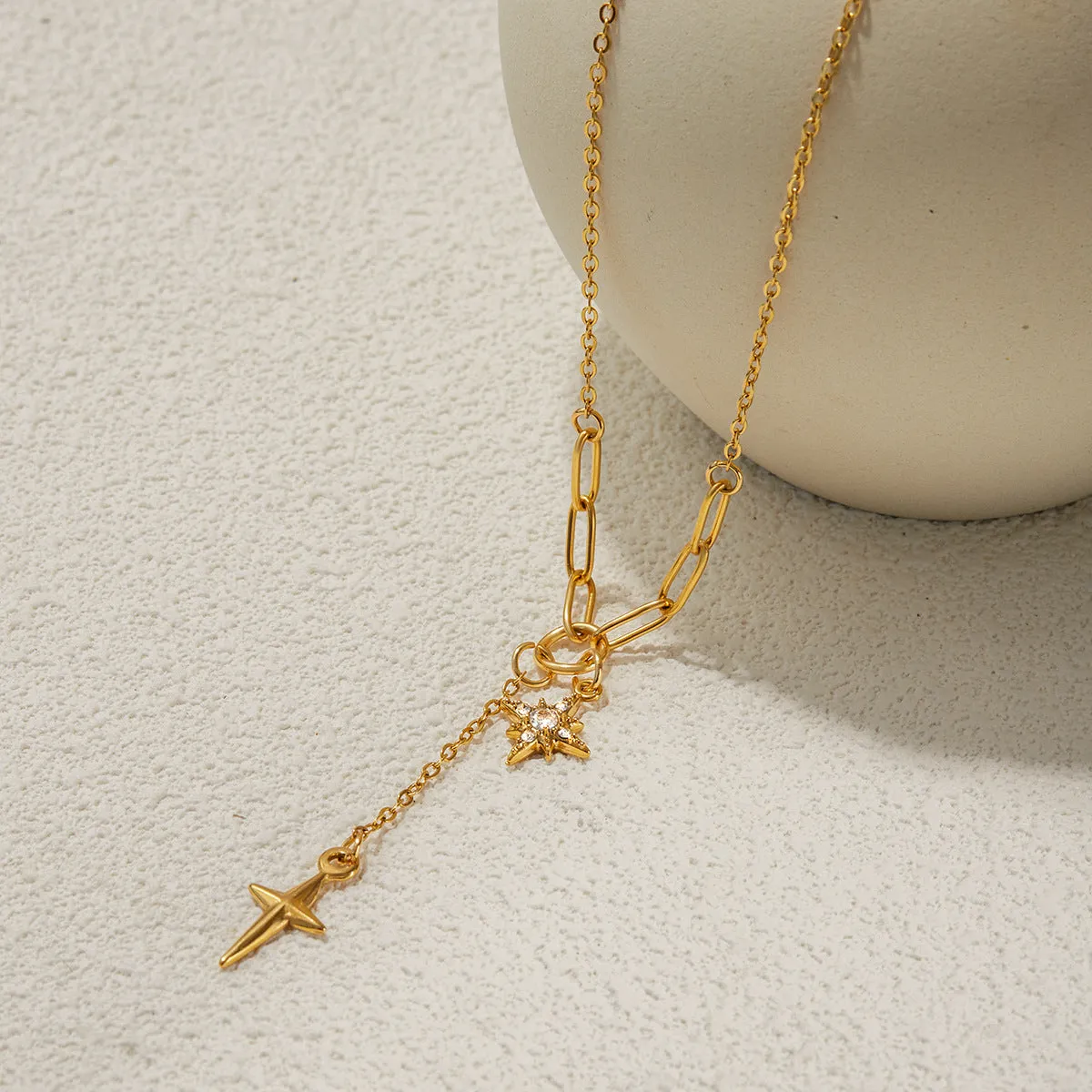 18K gold stainless steel necklace with white diamond eight-pointed star centre, regular chain, JDN0305056 colour