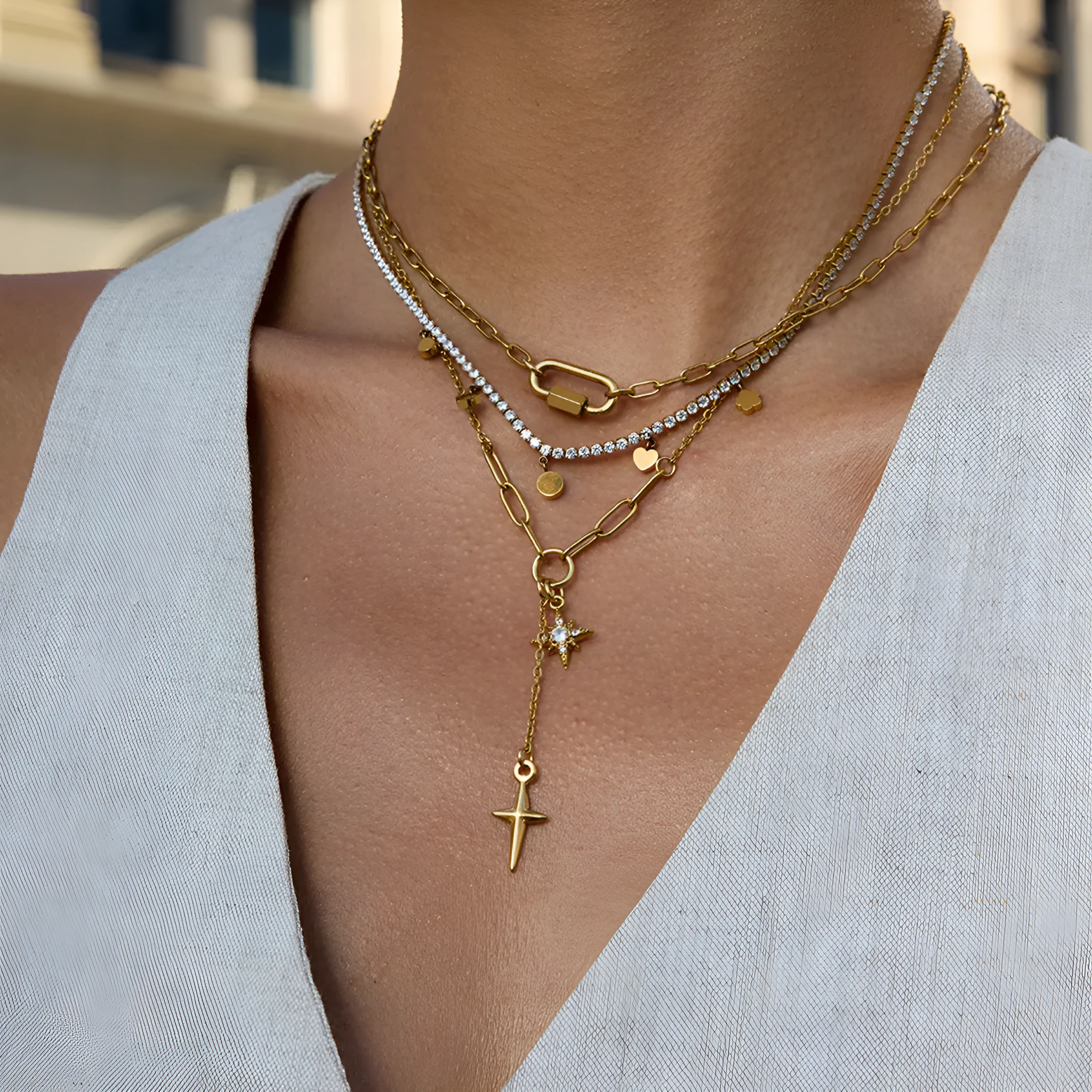 18K gold stainless steel necklace with white diamond eight-pointed star centre, regular chain, JDN0305056 colour
