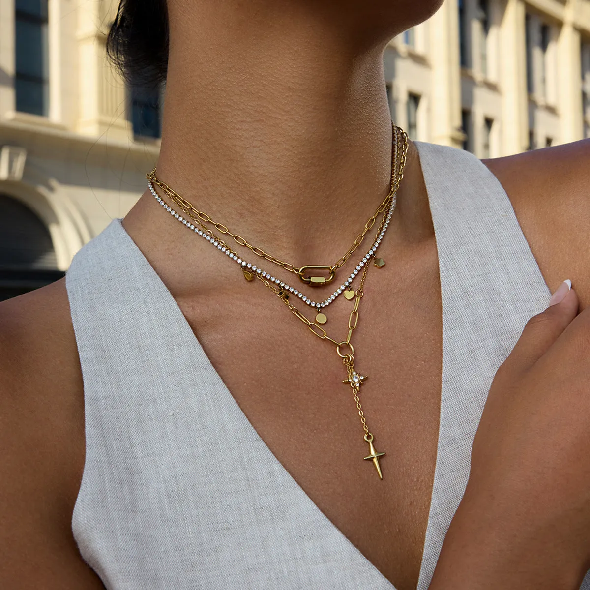 18K gold stainless steel necklace with white diamond eight-pointed star centre, regular chain, JDN0305056 colour