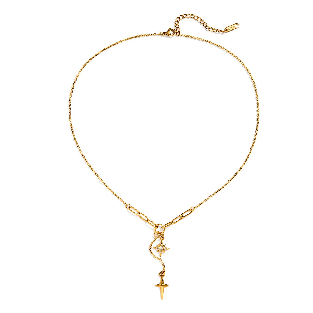 18K gold stainless steel necklace with white diamond eight-pointed star centre, regular chain, JDN0305056 colour