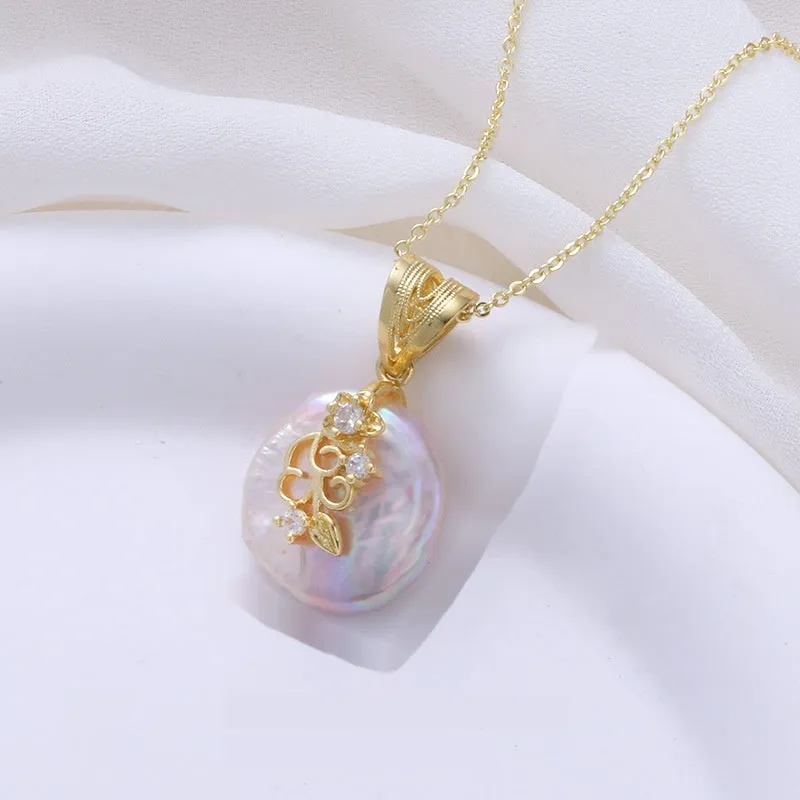 Copper plated real gold geometric Baroque pearl earrings with floral inlay for women