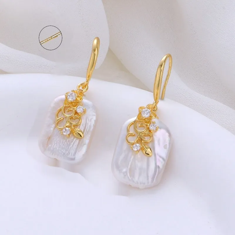 Copper plated real gold geometric Baroque pearl earrings with floral inlay for women