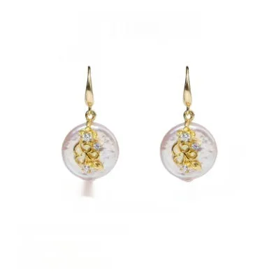 Copper plated real gold geometric Baroque pearl earrings with floral inlay for women