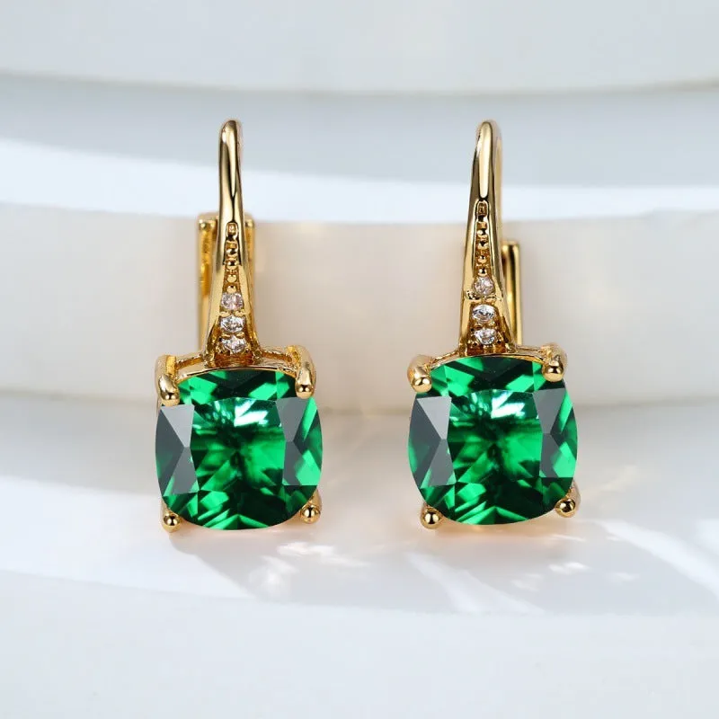 Square copper ear clips with colourful moissanite inlays in gold electroplated finish
