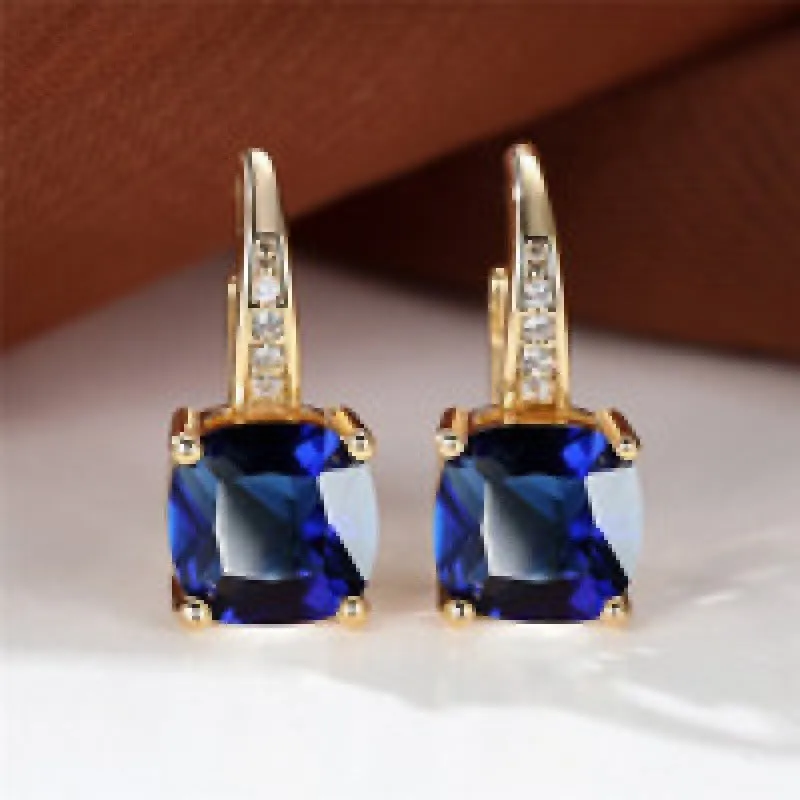 Square copper ear clips with colourful moissanite inlays in gold electroplated finish