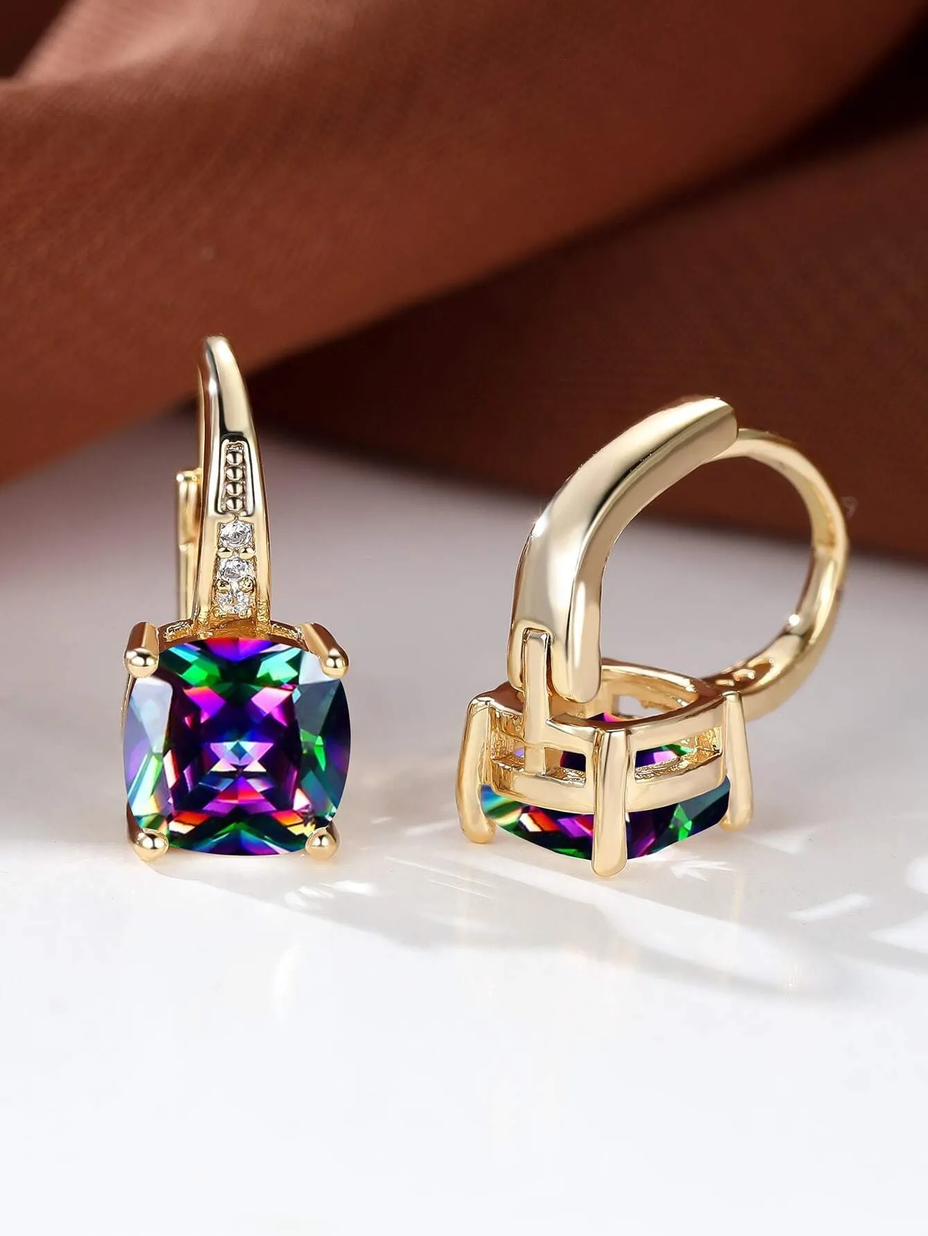 Square copper ear clips with colourful moissanite inlays in gold electroplated finish