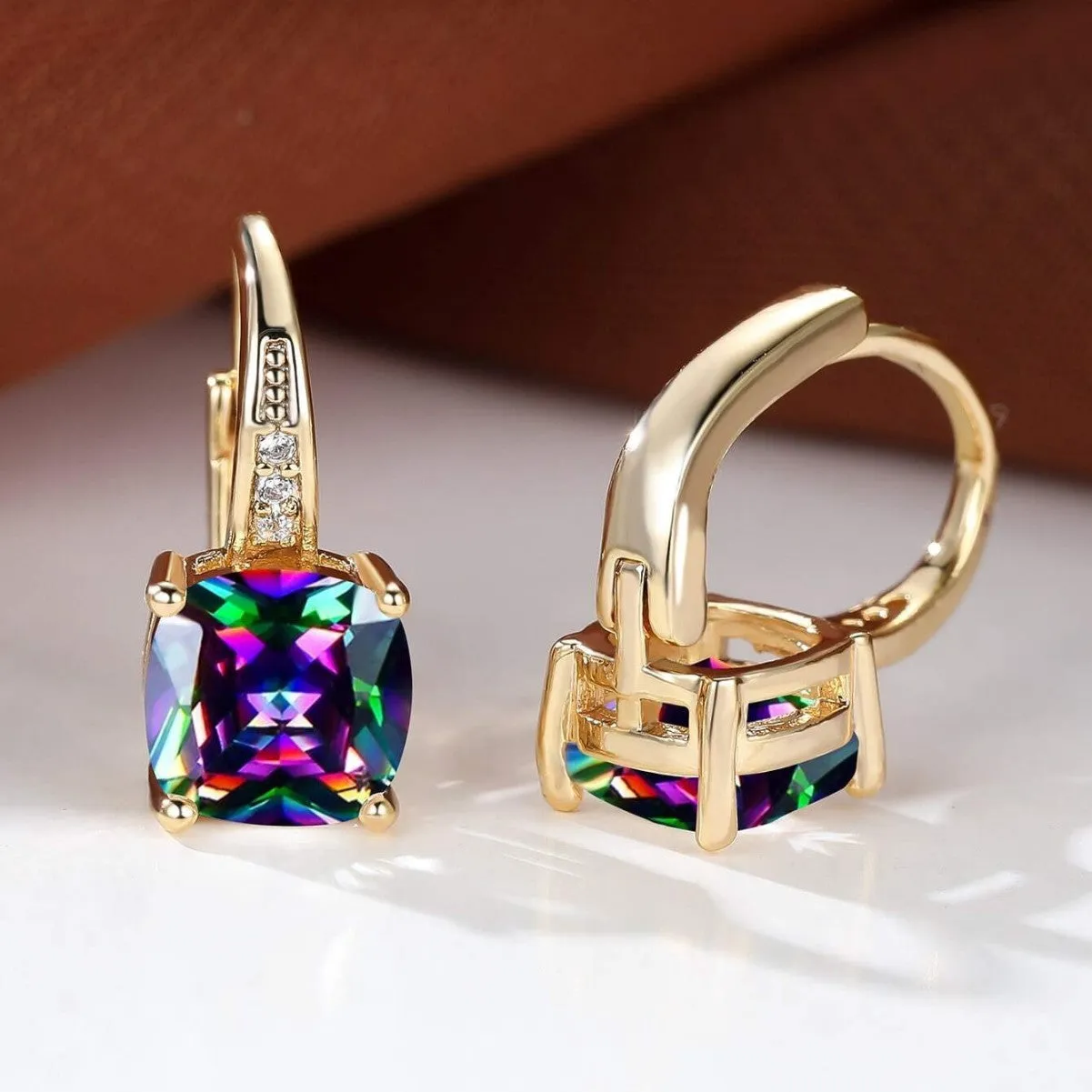 Square copper ear clips with colourful moissanite inlays in gold electroplated finish