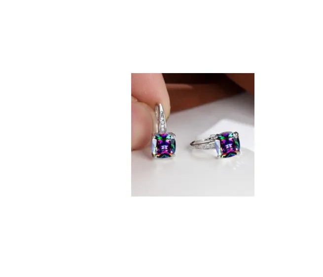 Square copper ear clips with colourful moissanite inlays in gold electroplated finish