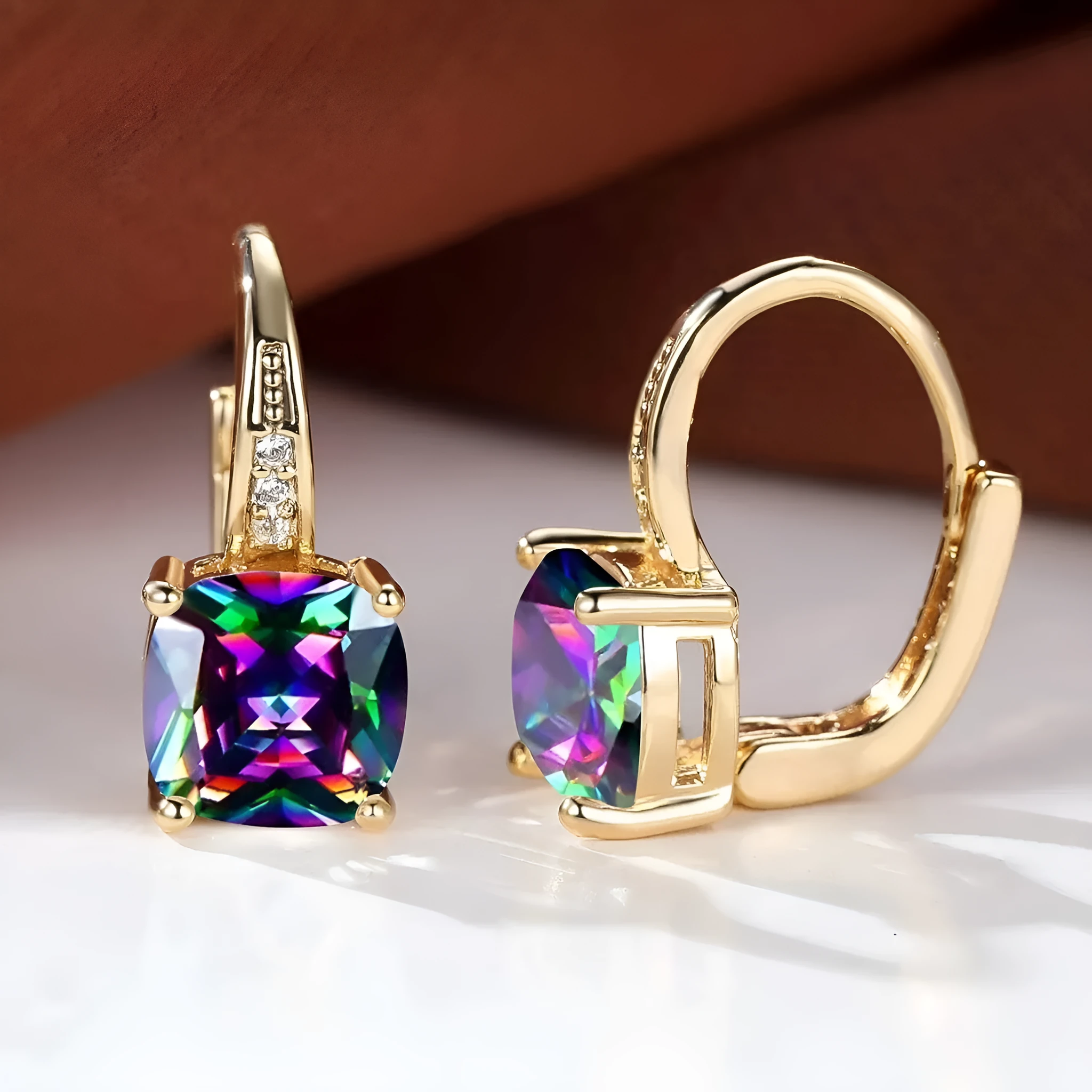 Square copper ear clips with colourful moissanite inlays in gold electroplated finish