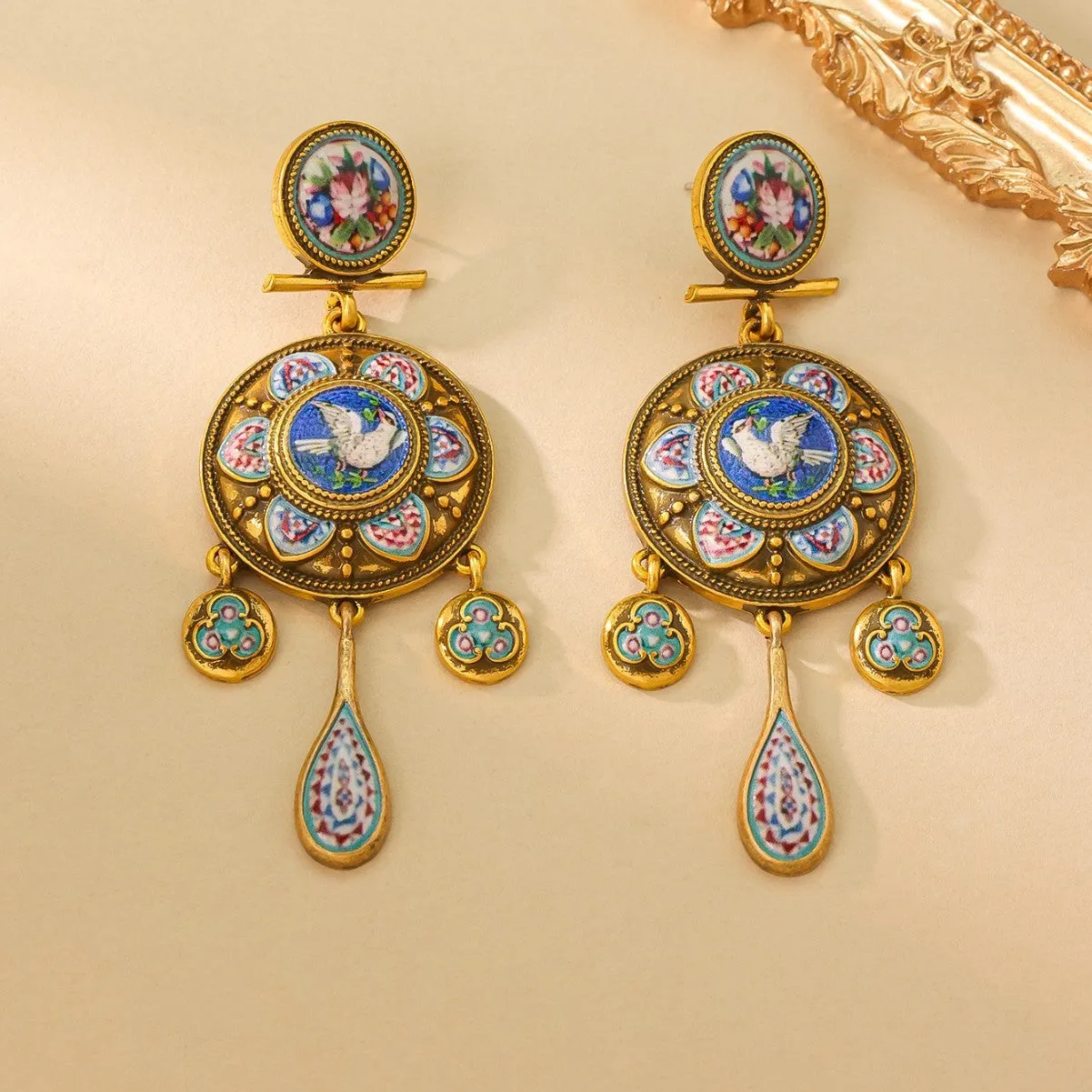Vintage court style rattle drum ear studs with peace dove design for women