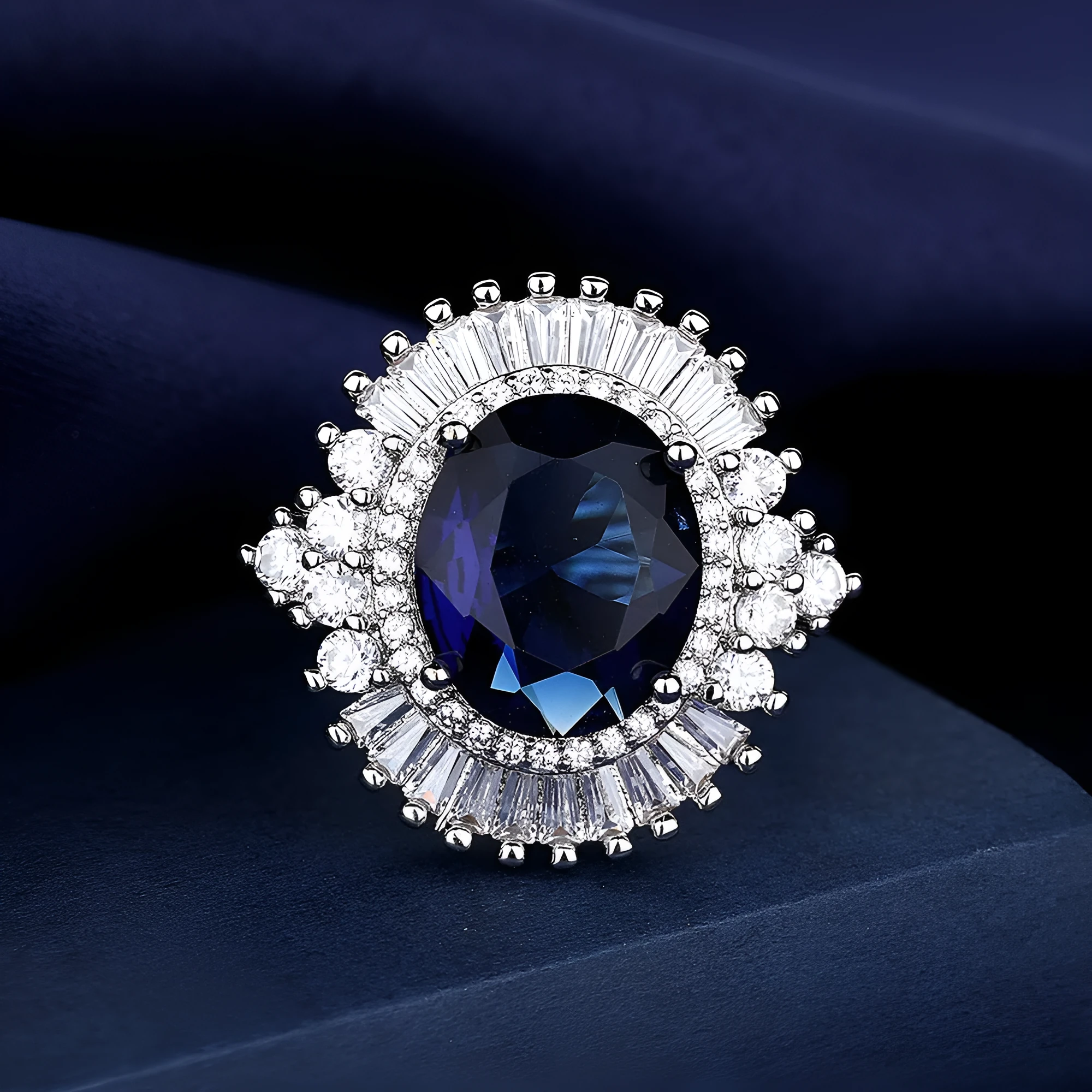 White gold colour copper crown shape ring with sea blue heart centrepiece and open mouth adjustable design