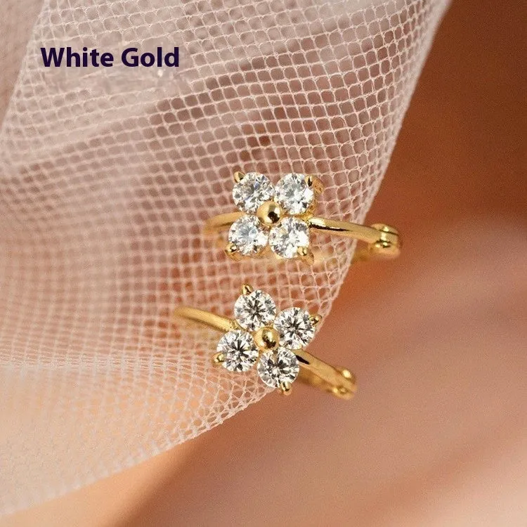 925 silver four-leaf clover zircon buckle earrings for women, gold colour, petal design