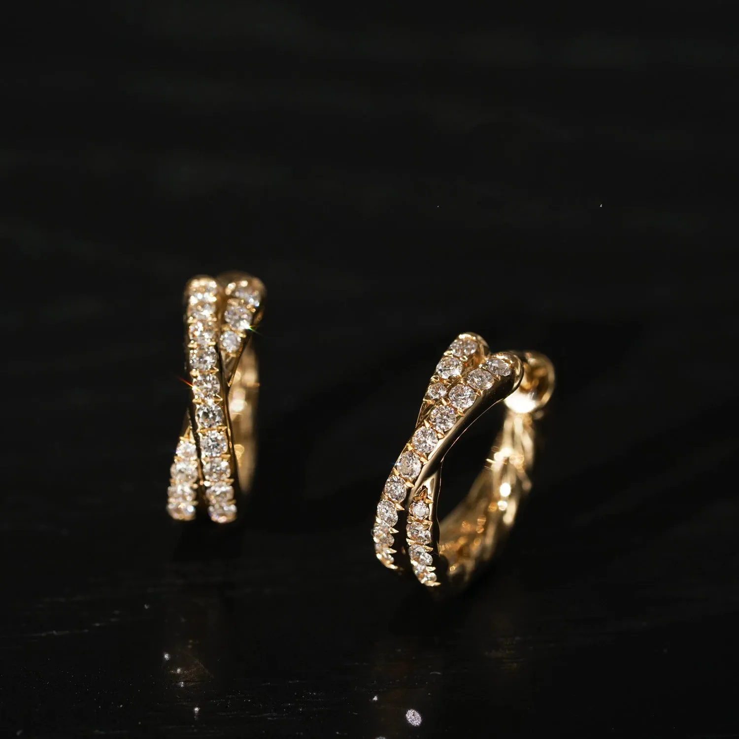 Double row cross 5A zircon twist earrings, 925 silver with 18K gold plate, 9mm inner diameter, 12mm outer diameter